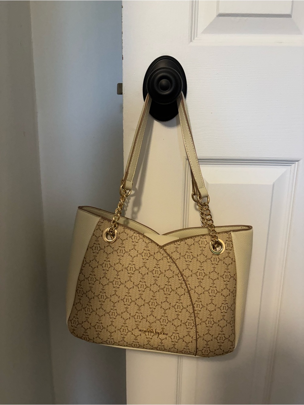 Nanette Lepore Beige Patterned Shoulder Tote with Gold Chain Accents